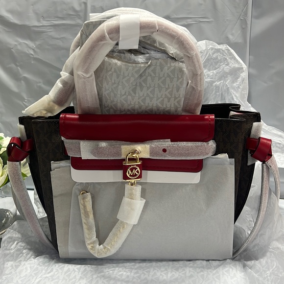 NWT - Michael Kors Hamilton Legacy Sm Logo Belted Satchel, Crimson/Brown - Picture 4 of 11